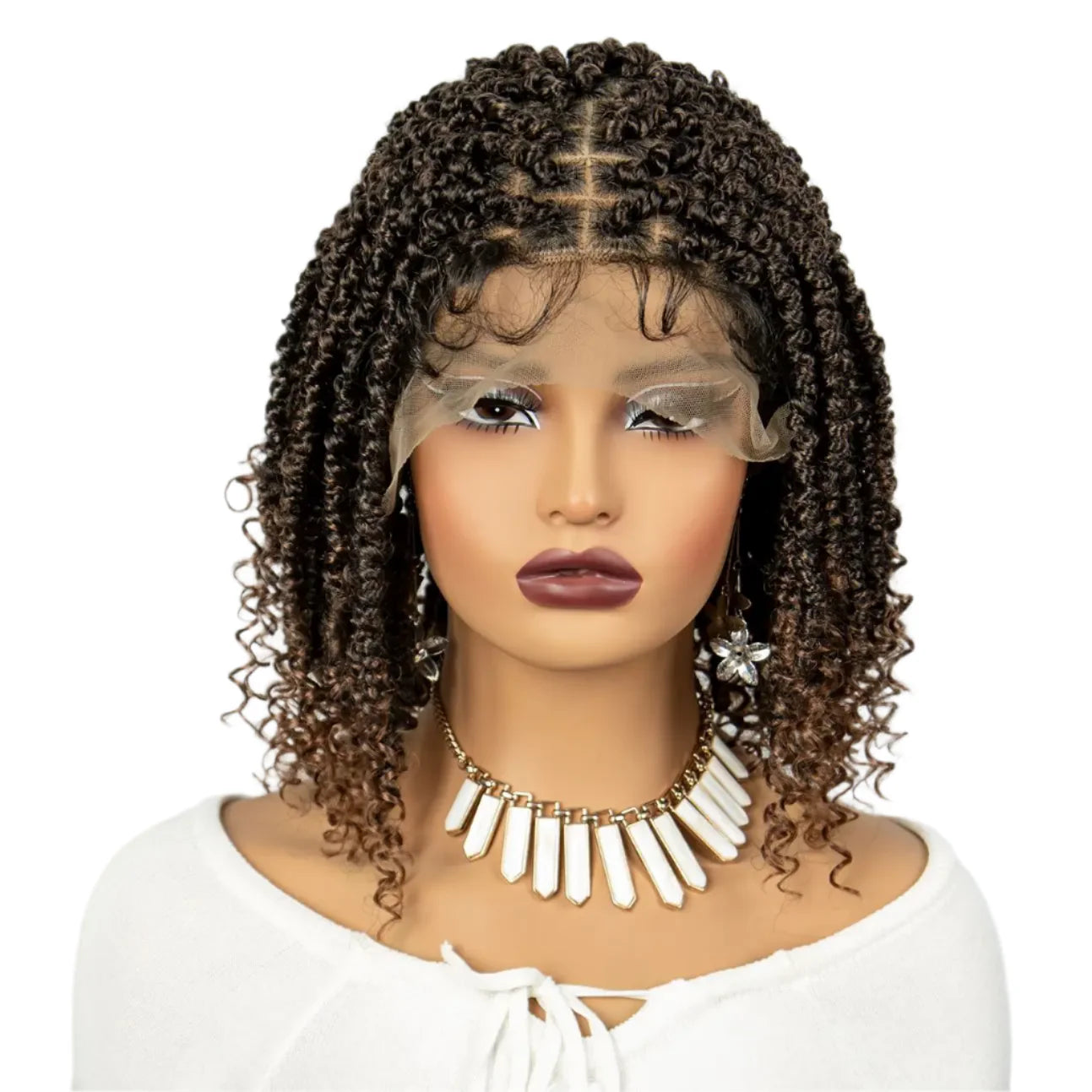 Burgundy Knotless Box Braids Bob Wig with Curly Ends | Lace Front