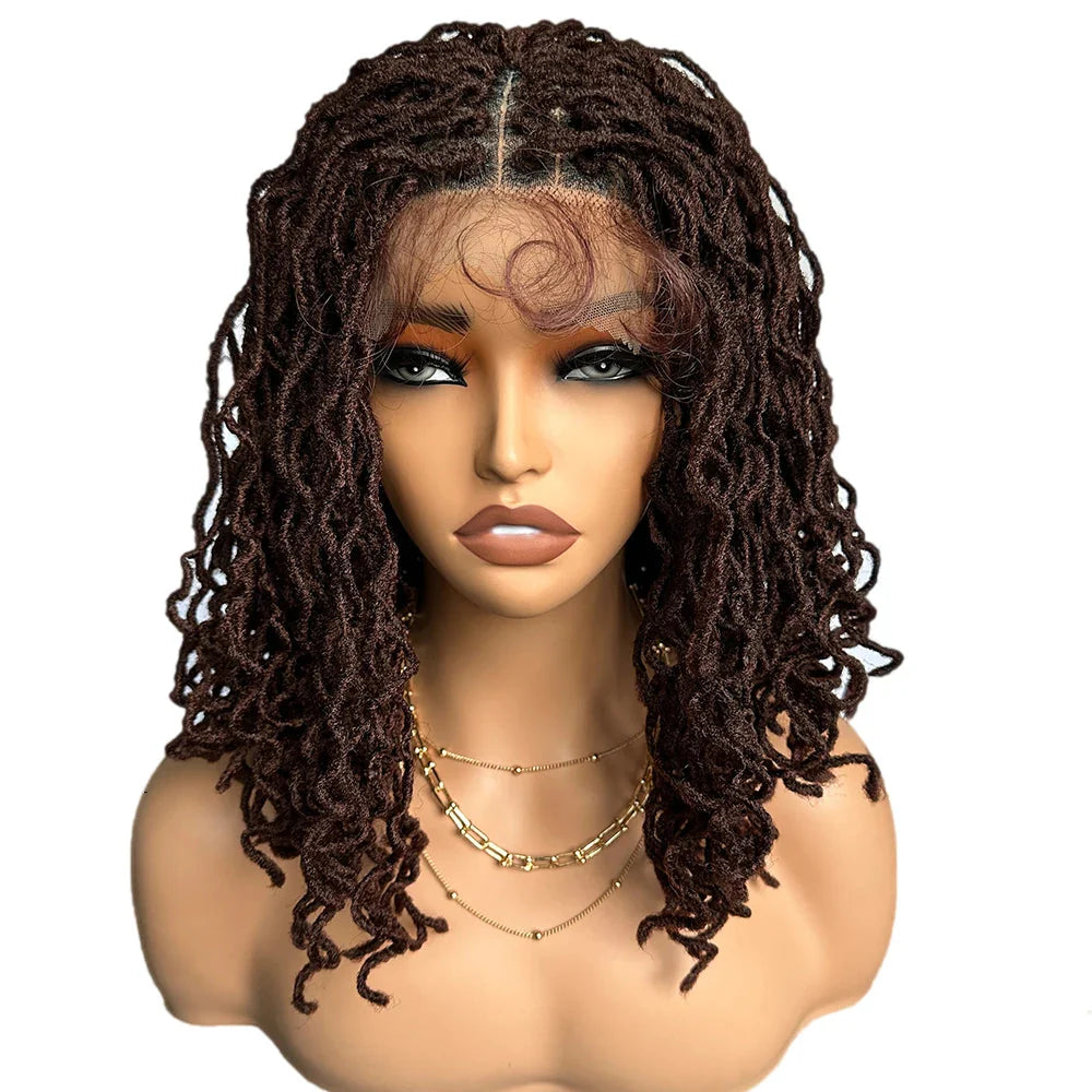 14" Copper Red Faux Locs Lace Front Wig | Short Twist Dreadlocks | Synthetic Braided Wig