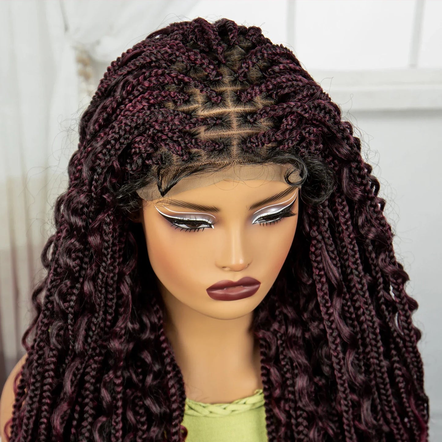 Burgundy Boho Knotless Braids Wig | Curly Ends | Lace Front | Baby Hair