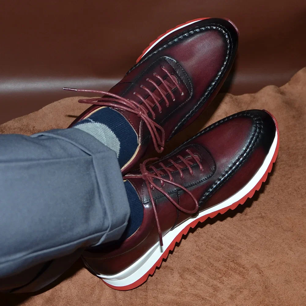 Classy Men's Genuine Leather Low Top Sneakers | Red Bottom Lace-Up Casual Dress Shoes (Breathable)