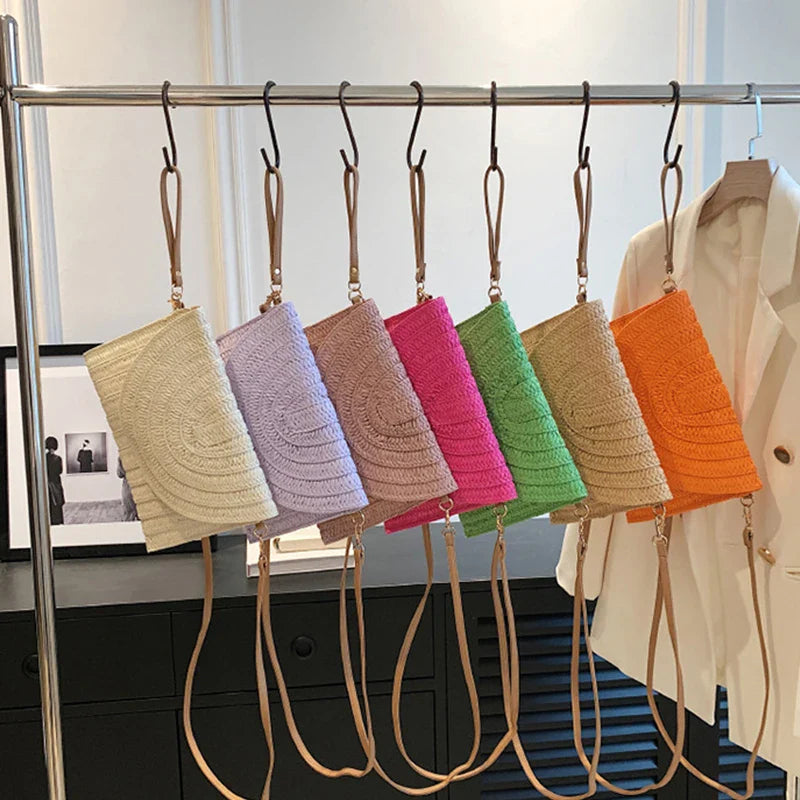 Summer Travel Beach Bag Straw Woven Clutch Bag | Fashion Designer Crossbody Shoulder Bag for Women (Handbag Ladies Wrist Wicker Bag)