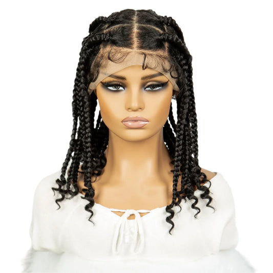 14" Short Braided Wig with Curly Ends | Knotless Box Braids | Full Lace Synthetic Wig for Black Women | Transparent Lace