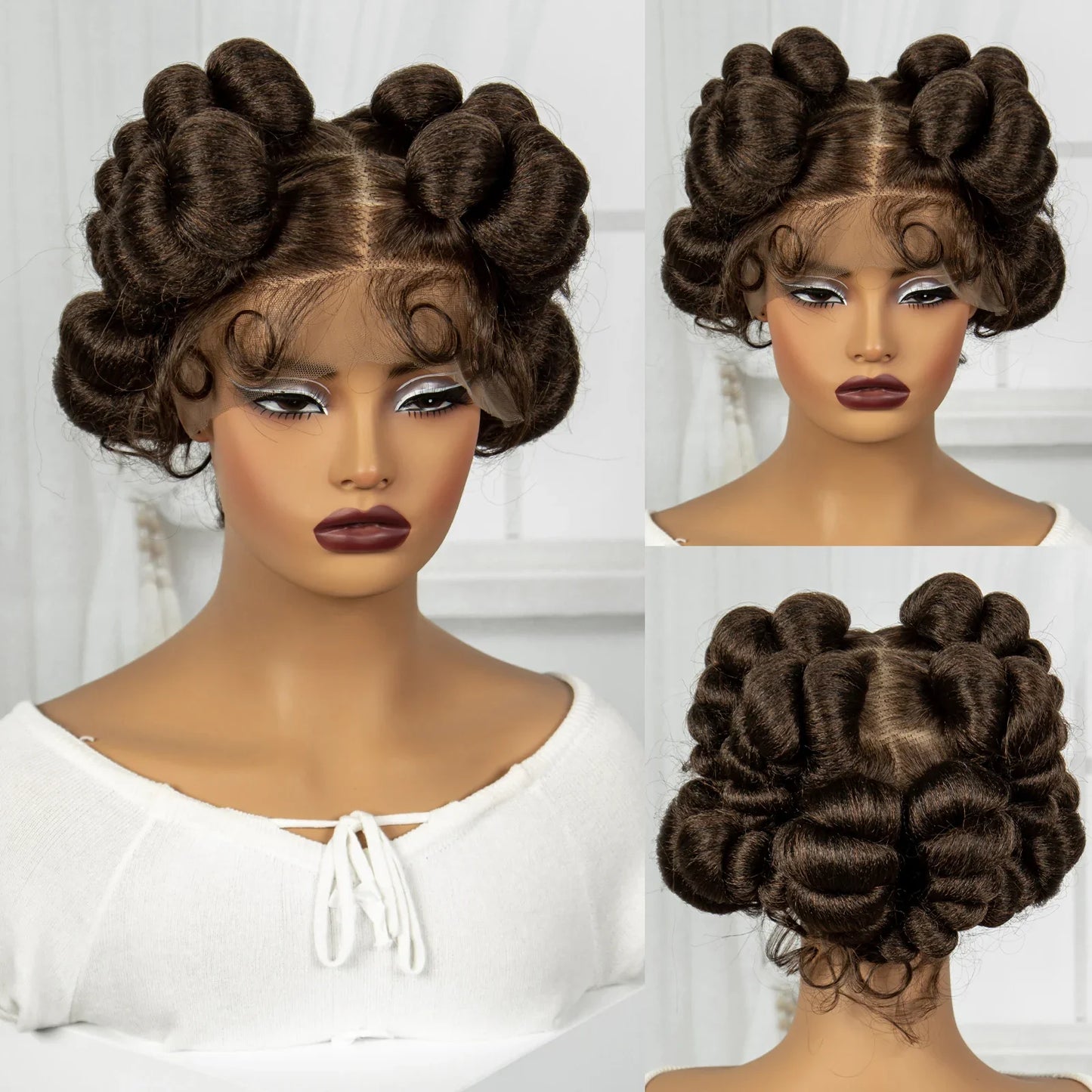 Ginger Orange Bantu Knotless Braids Wig | Short Cute Handmade | Full Lace
