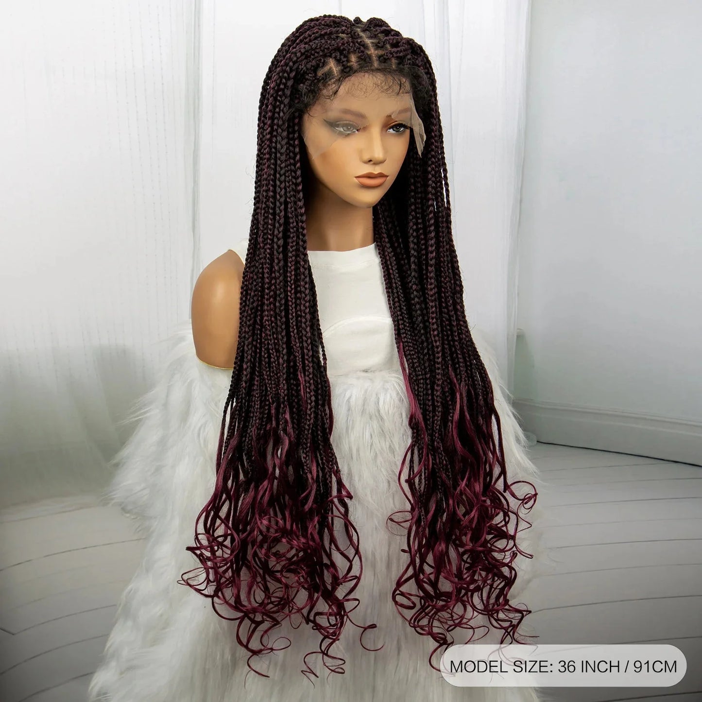 36 Inch Synthetic Braided Wigs Knotless Boho Braided Lace Wigs with Curly Ends Lace Front Braiding Hair Wig for Black Women