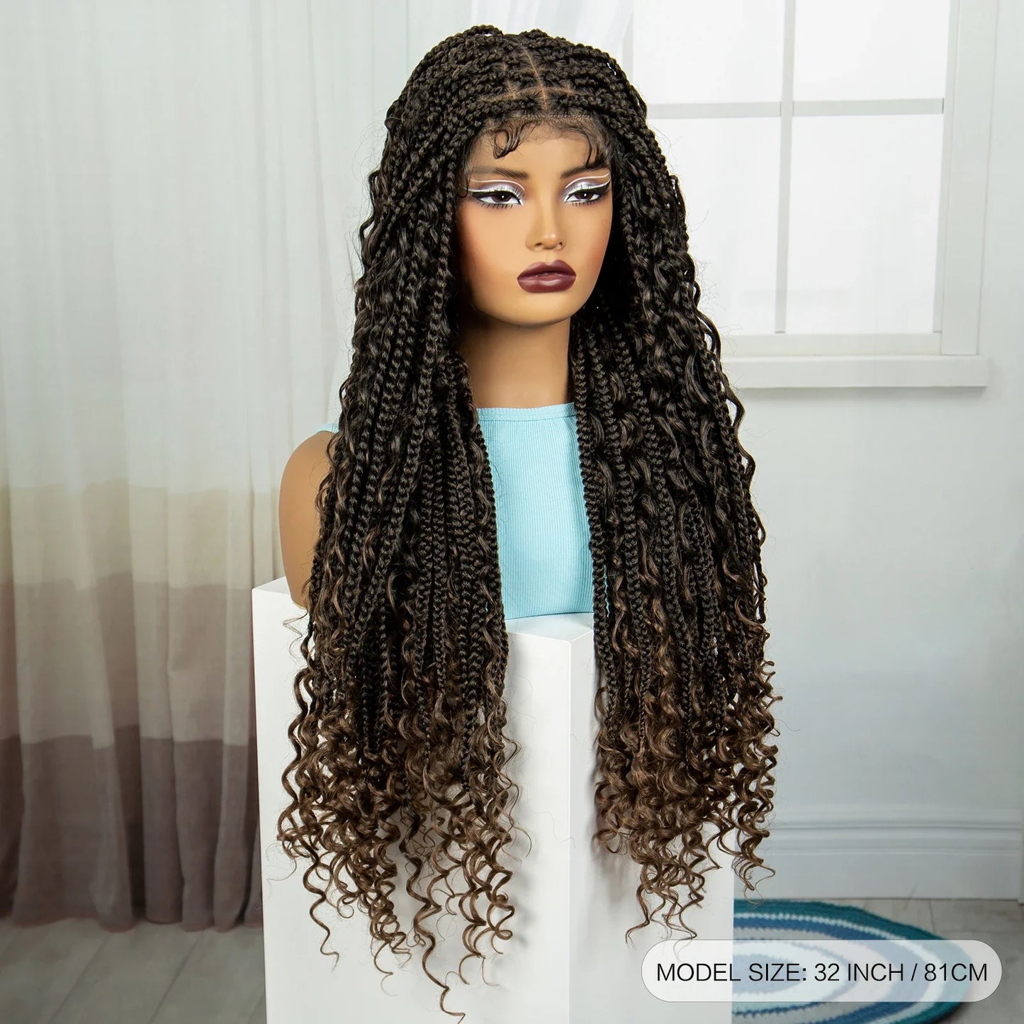 Burgundy Knotless Box Braids Wig with Curly Ends | Full Lace Handmade