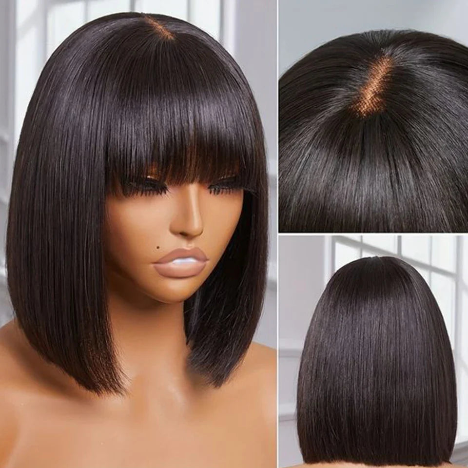 Mongolian Straight Bob Wig with Bangs | Glueless Middle Part Lace Human Hair (Realistic Scalp)