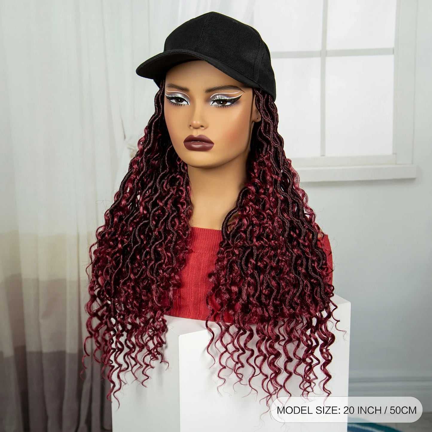 Burgundy Knotless Braids Hat Wig with Curly Ends | Adjustable Baseball Cap