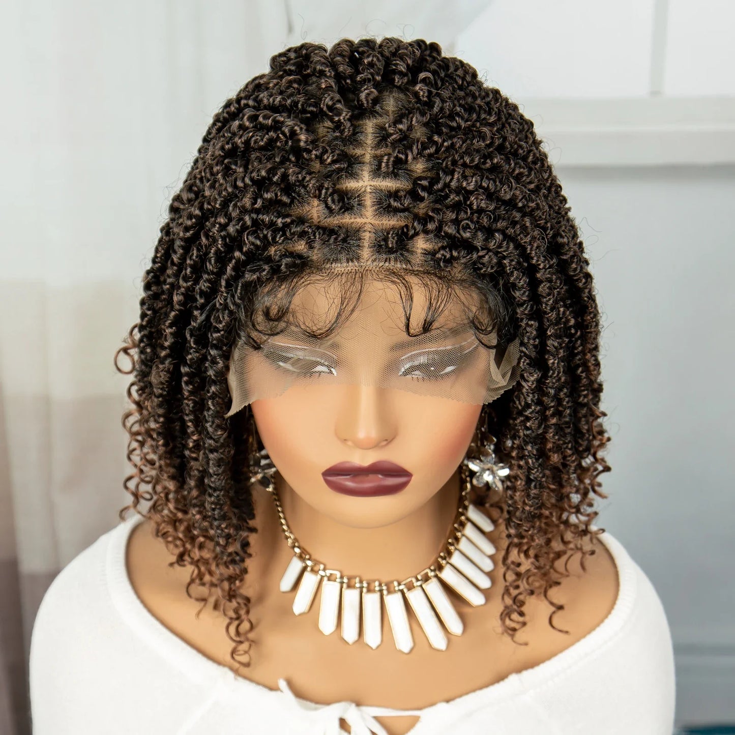 Burgundy Knotless Box Braids Bob Wig with Curly Ends | Lace Front