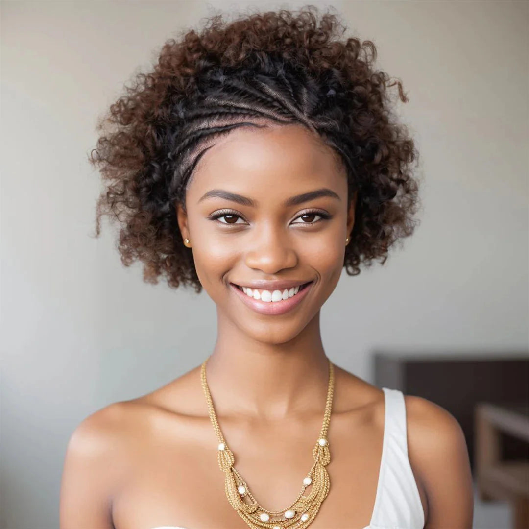 6" Afro Curly Braided Lace Front Wig | 250% Density | Brazilian Remy Hair | Short Curly Wig