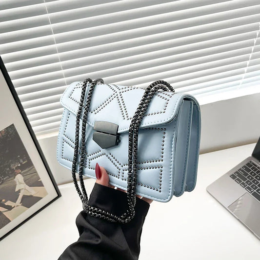Rivet Chain Small Crossbody Bag for Women | 2022 Luxury Shoulder Messenger Bag (Trendy Lady Handbag with Flap Cover)