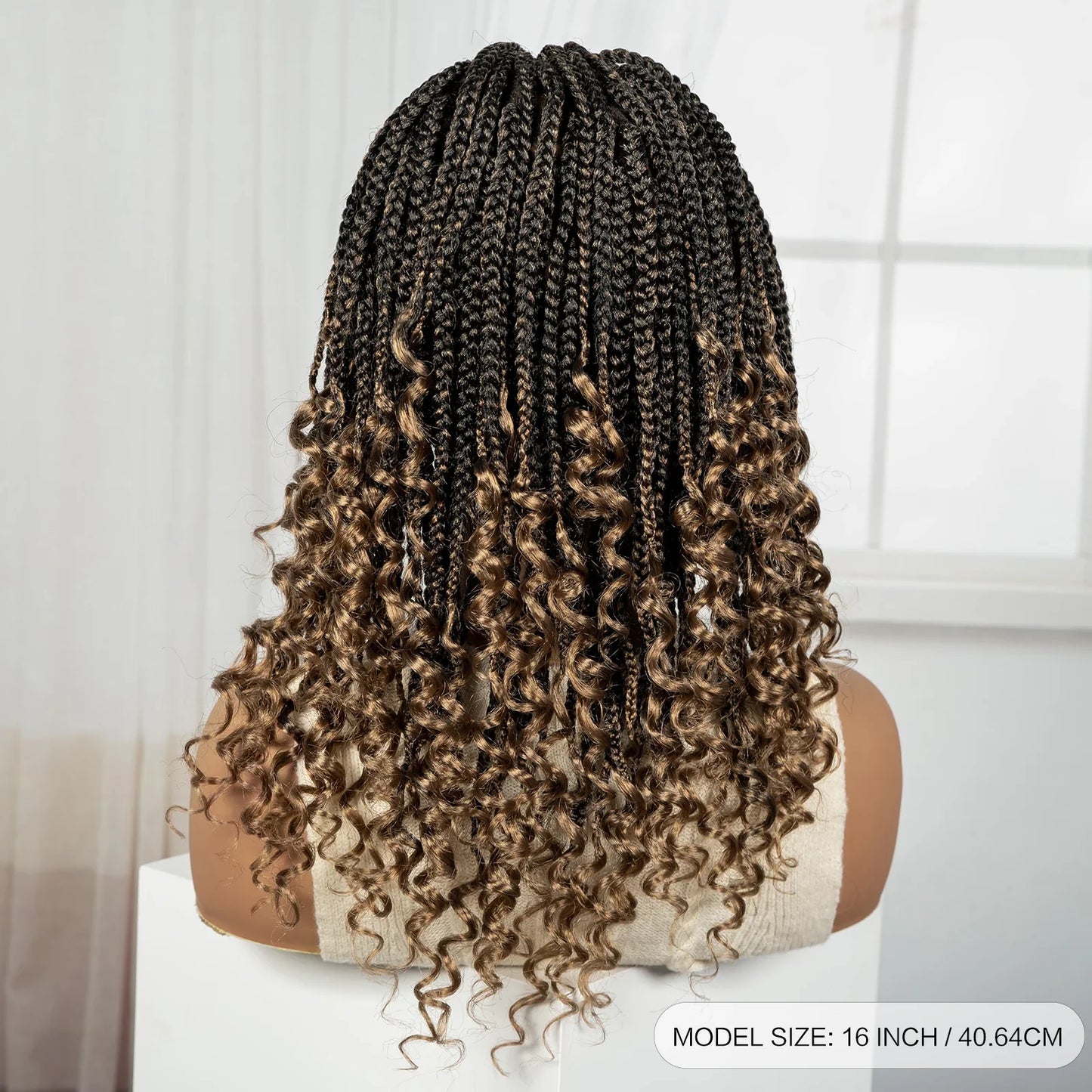 Short Ombre Boho Knotless Braids Bob Wig with Curly Ends | Full Lace