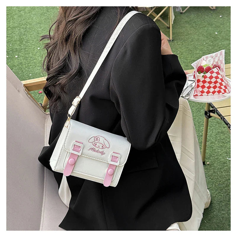 Sanrio Kawaii Hello Kitty My Melody Kuromi Cinnamoroll Square Shoulder Bags | PU Cartoon Fashion Simple Satchel Crossbody Bag (Gift)