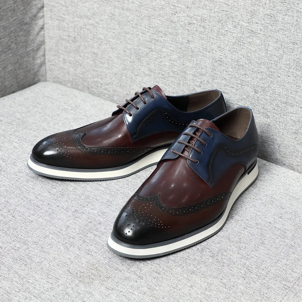 Luxury Men's Real Cow Leather Three-Color Wingtip Derby Shoes | Top Designer Original Casual Sneakers (Breathable)