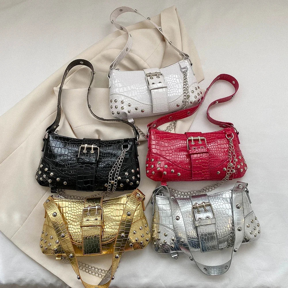 Fashion Women's Y2K Armpit Bag | Luxury Design Pleated Underarm Bag (Solid Color Shoulder Messenger Hobo Handbag with Chains & Rivets)