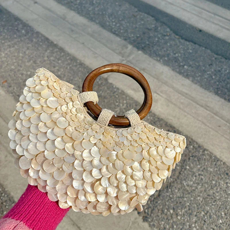 Fashion High-End Shell Bag | Niche Design Pearl Inlay Half-Moon Bag & Handmade Shell Beaded Handbag (New Versatile Crossbody)