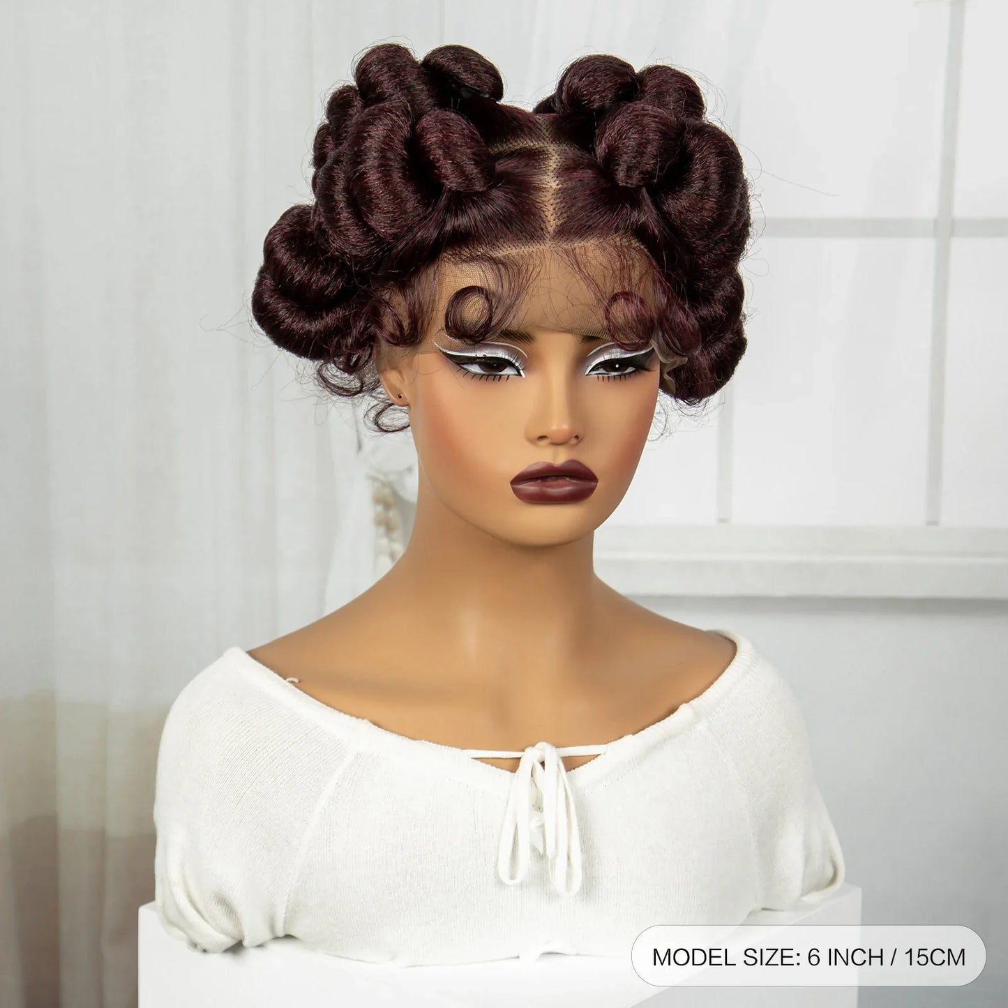 Short Cute Burgundy Bantu Knotless Braids Wig | Full Lace Handmade