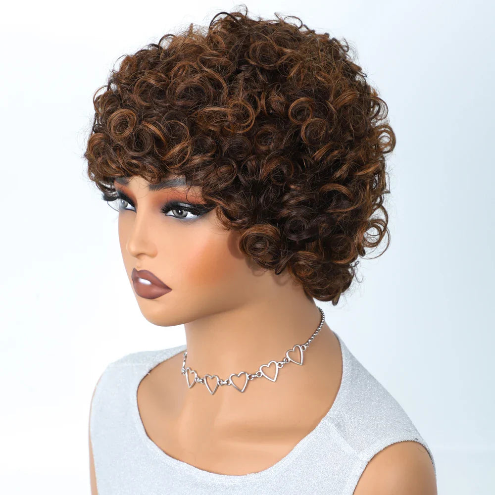 Sleek Short Pixie Afro Kinky Curly Wig with Bangs | Glueless Peruvian Remy Hair Bob