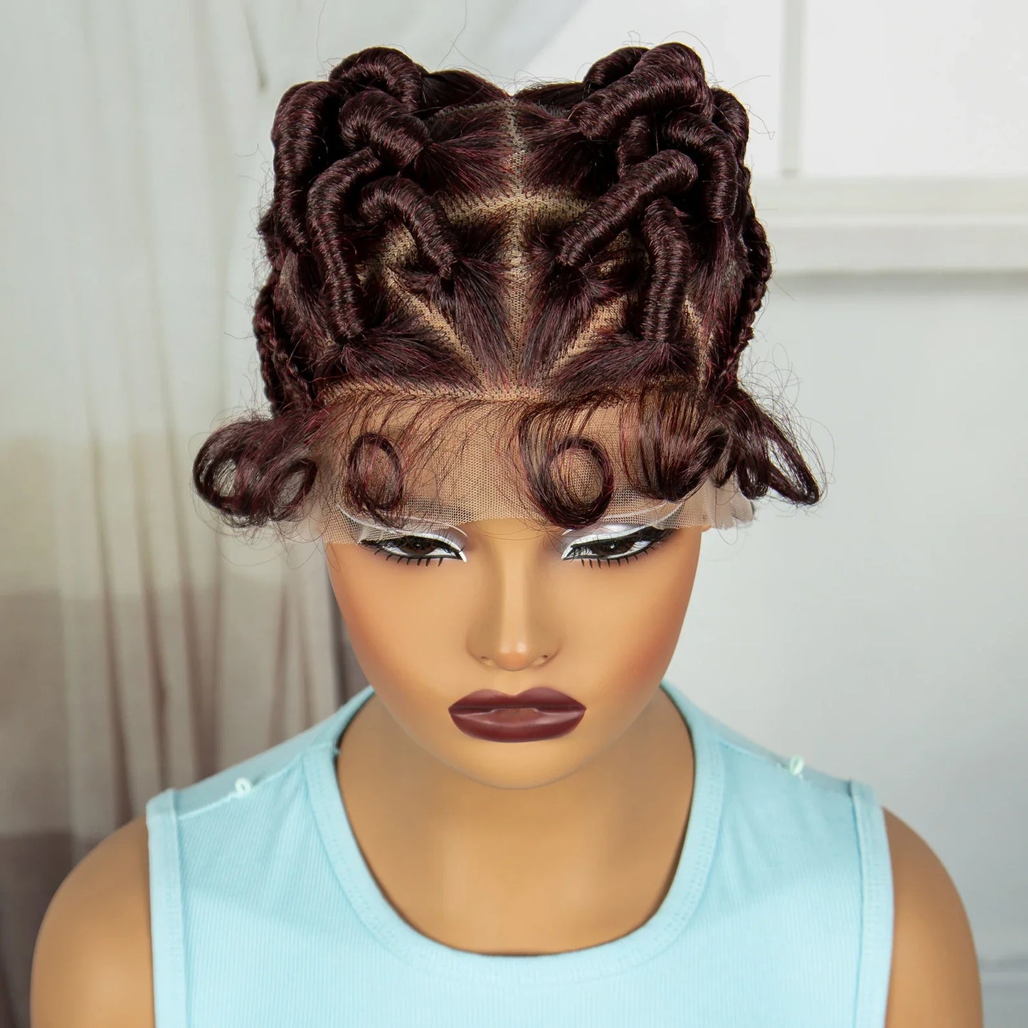 Burgundy Full Lace Synthetic Braided Wig | Knotless Box Braids & Bantu Knots | Lace Front Wig with Baby Hair for Black Women