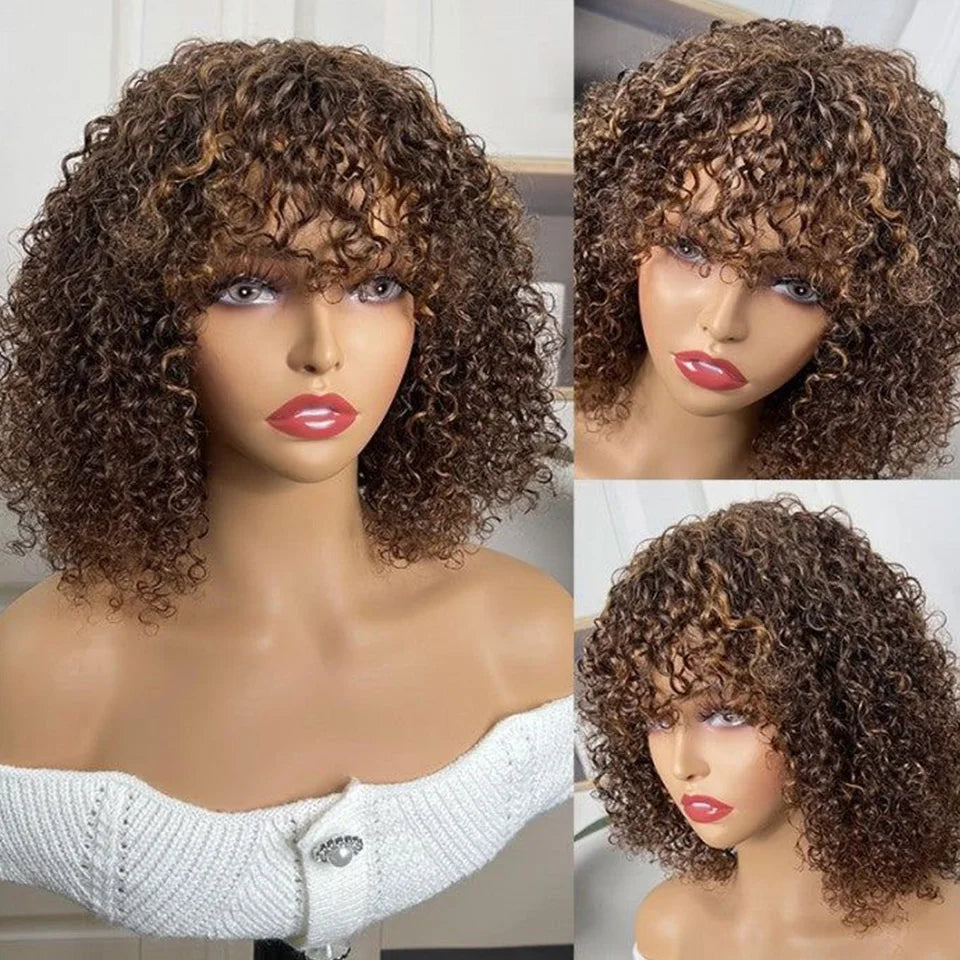 Jerry Curly Short Pixie Bob Wig with Bangs | Full Machine Made Remy Human Hair for Black Women