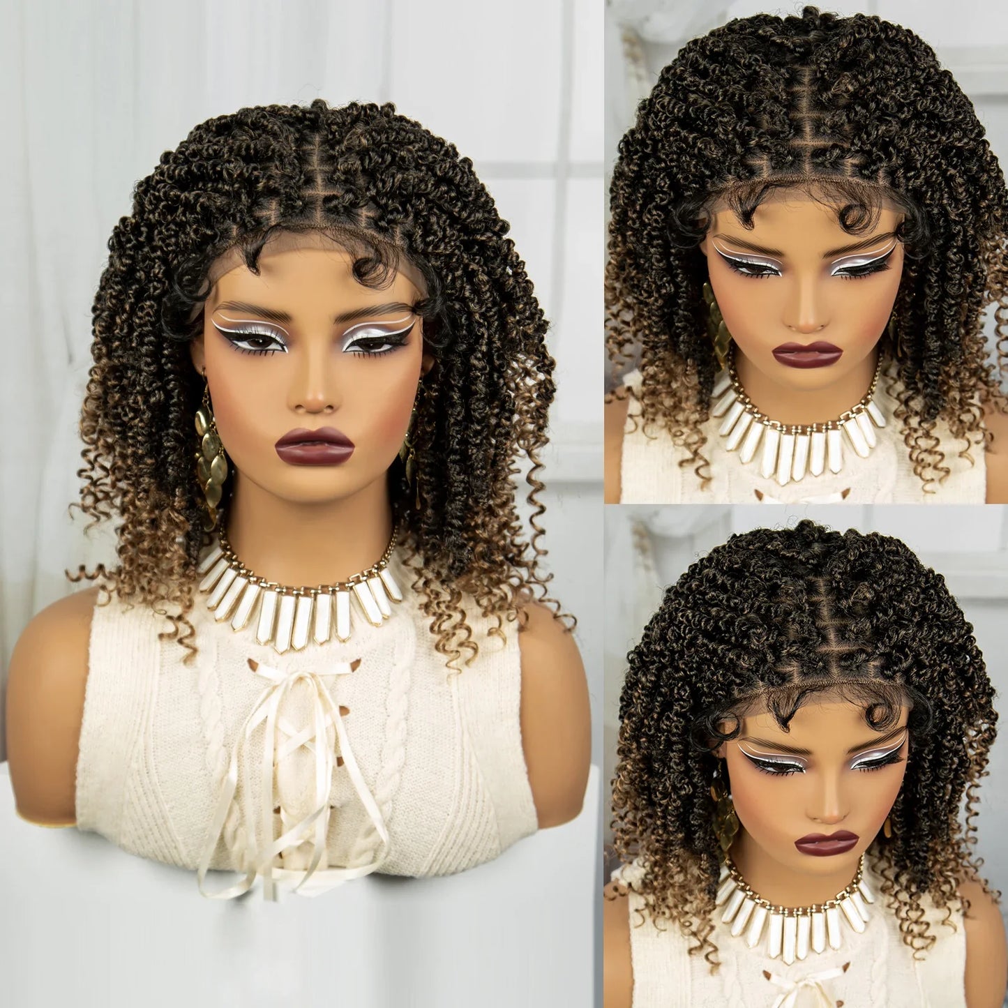 Burgundy Knotless Box Braids Bob Wig with Curly Ends | Lace Front