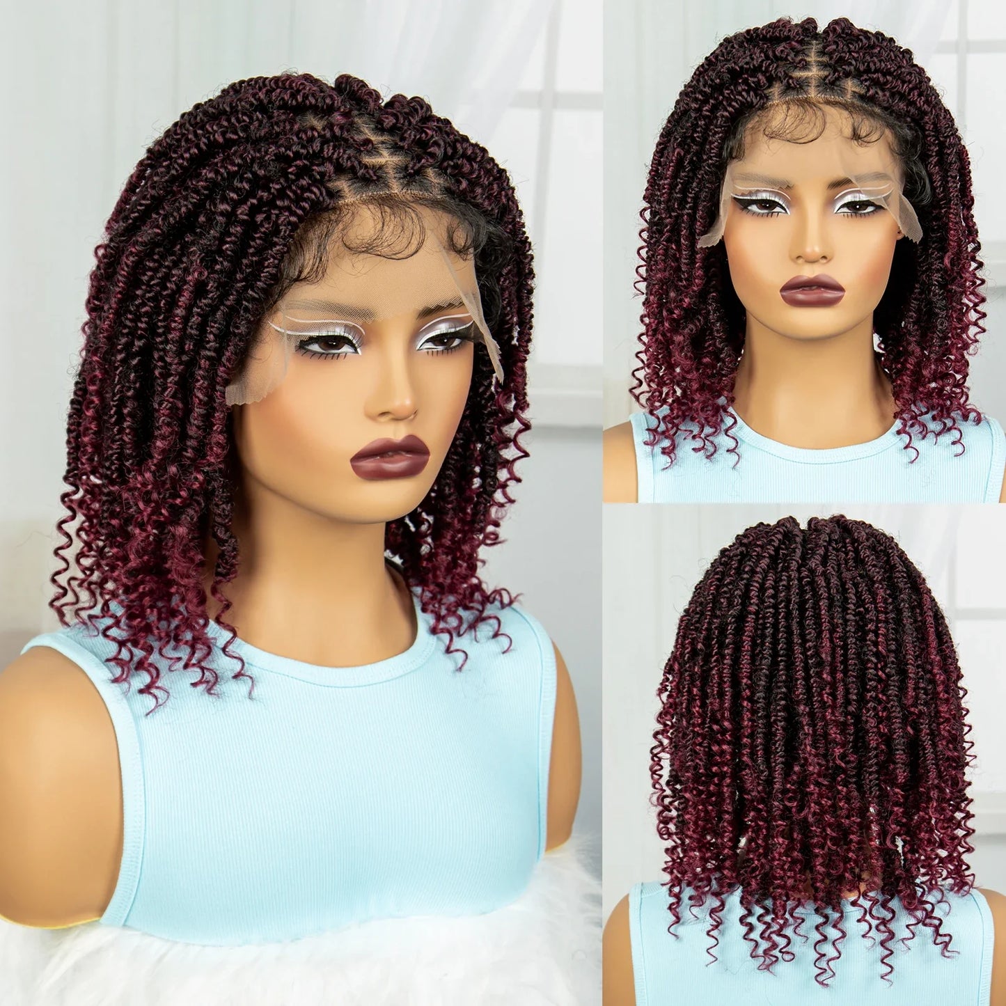 Knotless Box Braided Bob Wig with Curly Ends | Short Twist Braids | Synthetic Lace Front Wig | Handmade for Black Women