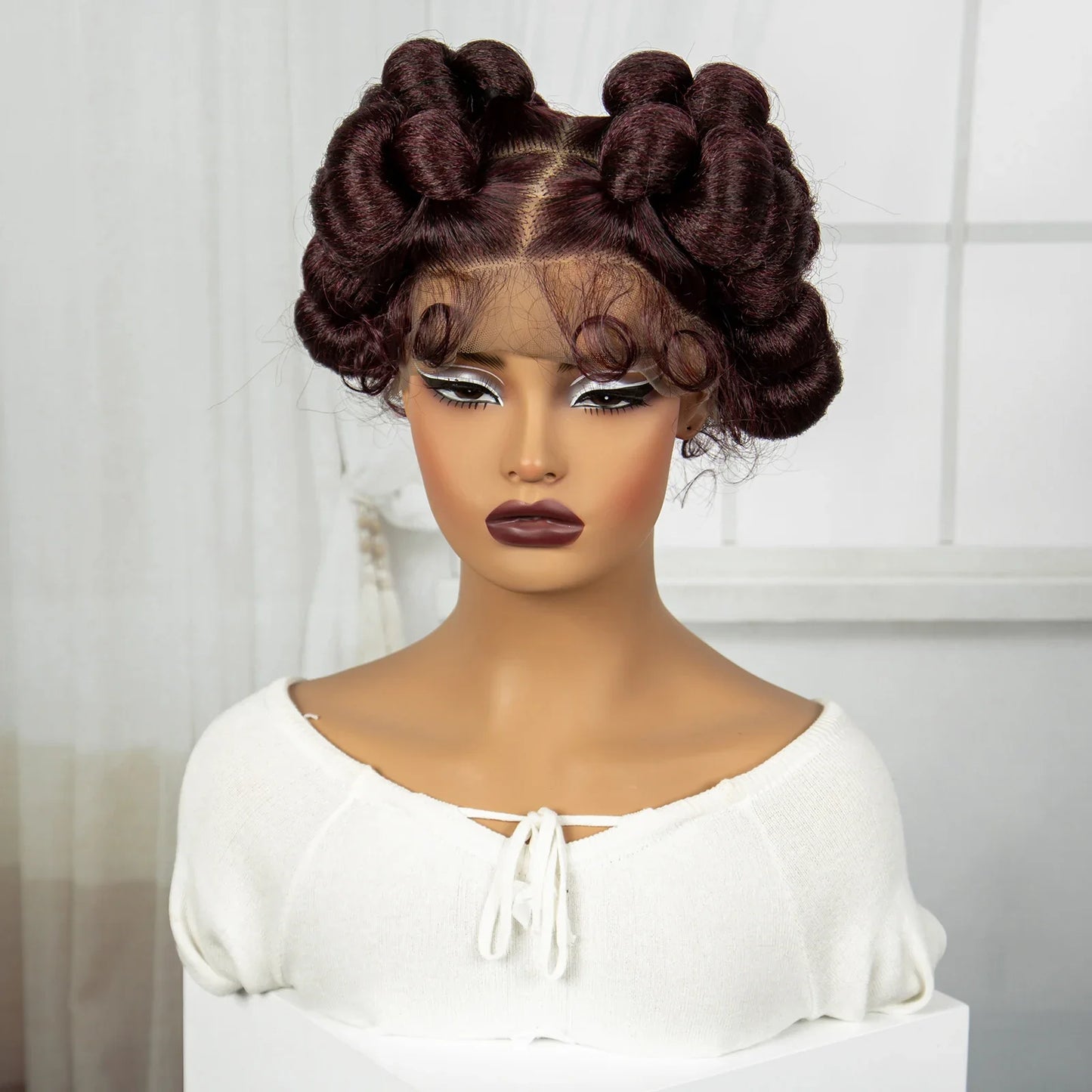 Short Cute Burgundy Bantu Knotless Braids Wig | Full Lace Handmade