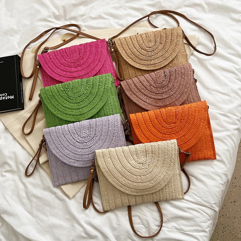 Summer Travel Beach Bag Straw Woven Clutch Bag | Fashion Designer Crossbody Shoulder Bag for Women (Handbag Ladies Wrist Wicker Bag)
