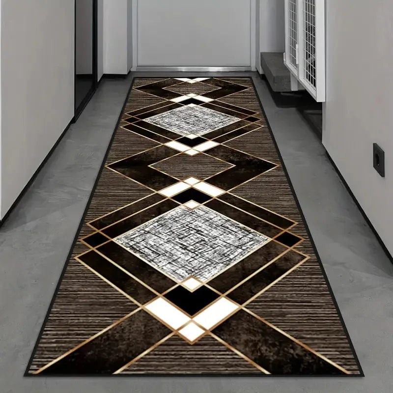 Modern Geometric Diamond Hallway Runner Rug - Black Gold & Gray Pattern Floormat Ideal for Corridor Decor