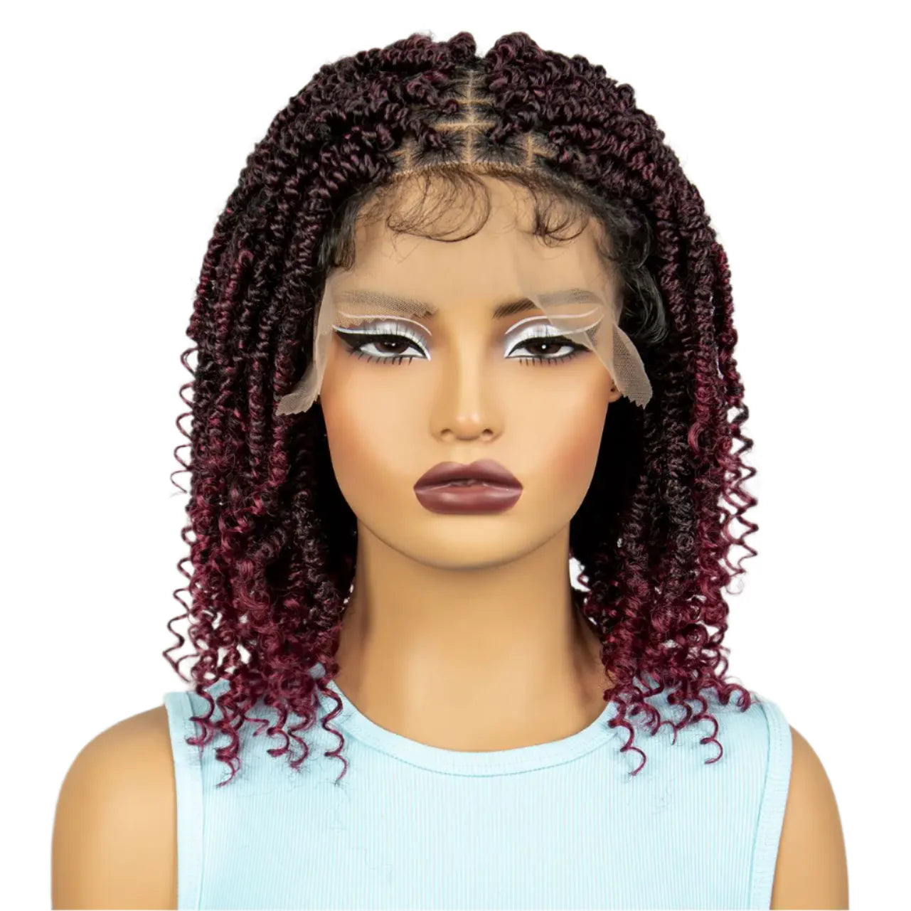 Burgundy Knotless Box Braids Bob Wig with Curly Ends | Lace Front