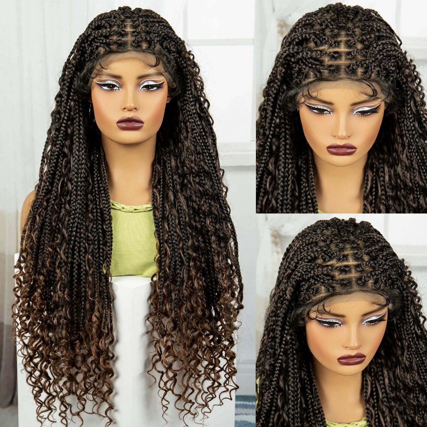 Burgundy Boho Knotless Braids Wig | Curly Ends | Lace Front | Baby Hair