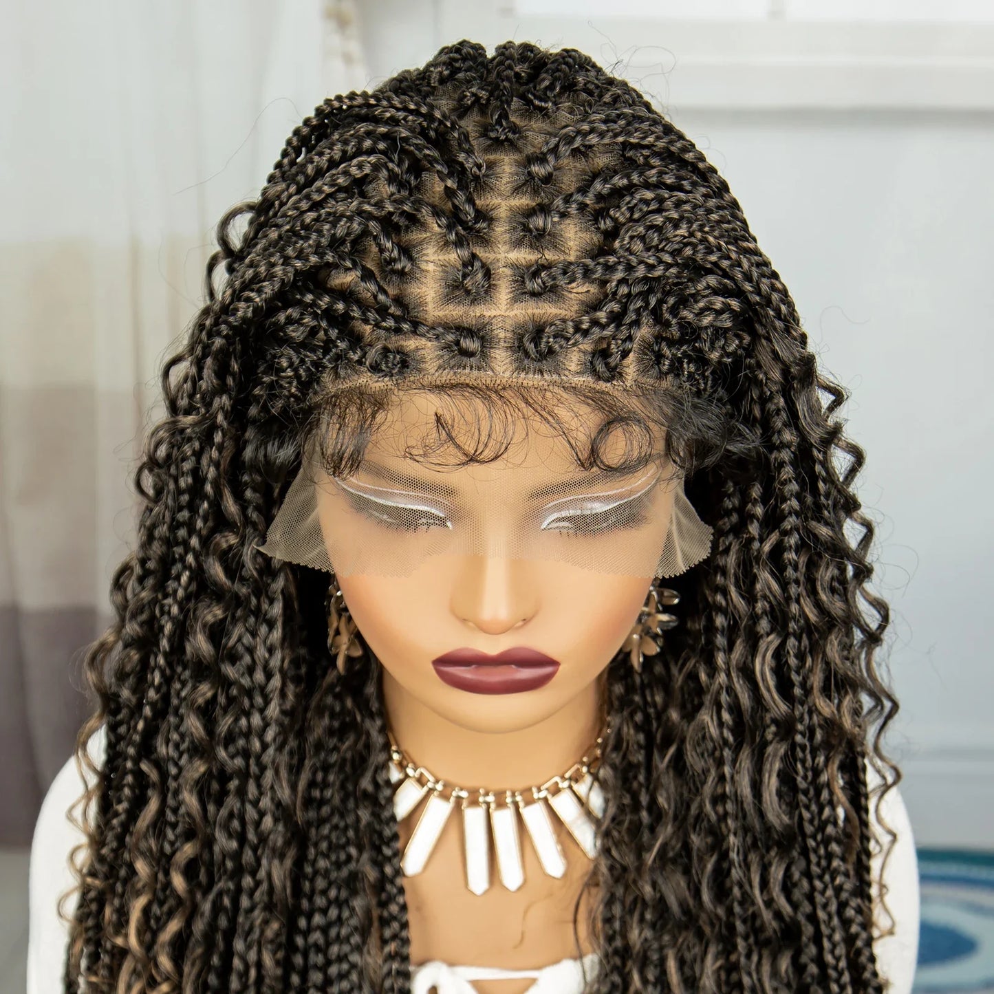 Burgundy Boho Knotless Braids Wig | Curly Ends | Lace Front | Baby Hair
