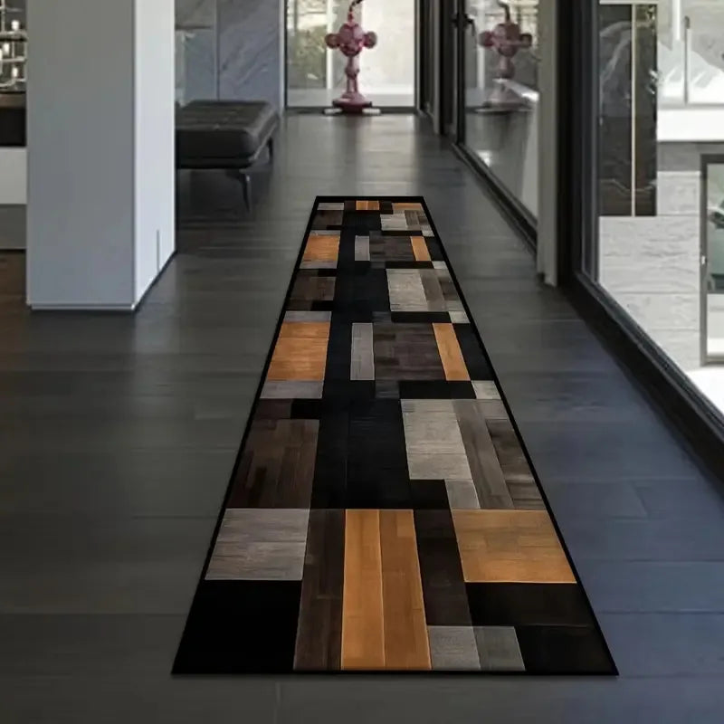 Modern Geometric Diamond Hallway Runner Rug - Black Gold & Gray Pattern Floormat Ideal for Corridor Decor