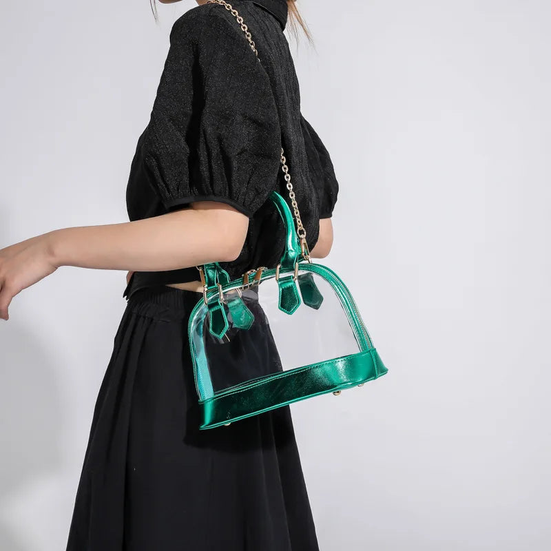 Transparent Jelly Women's Clutch Handbag | PU Leather Top Handle Metal Chain Crossbody Shoulder Tote Bag (Casual Messenger Purse)