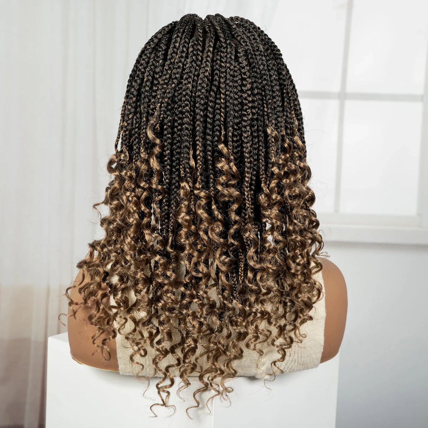 Short Ombre Boho Knotless Braids Bob Wig with Curly Ends | Full Lace