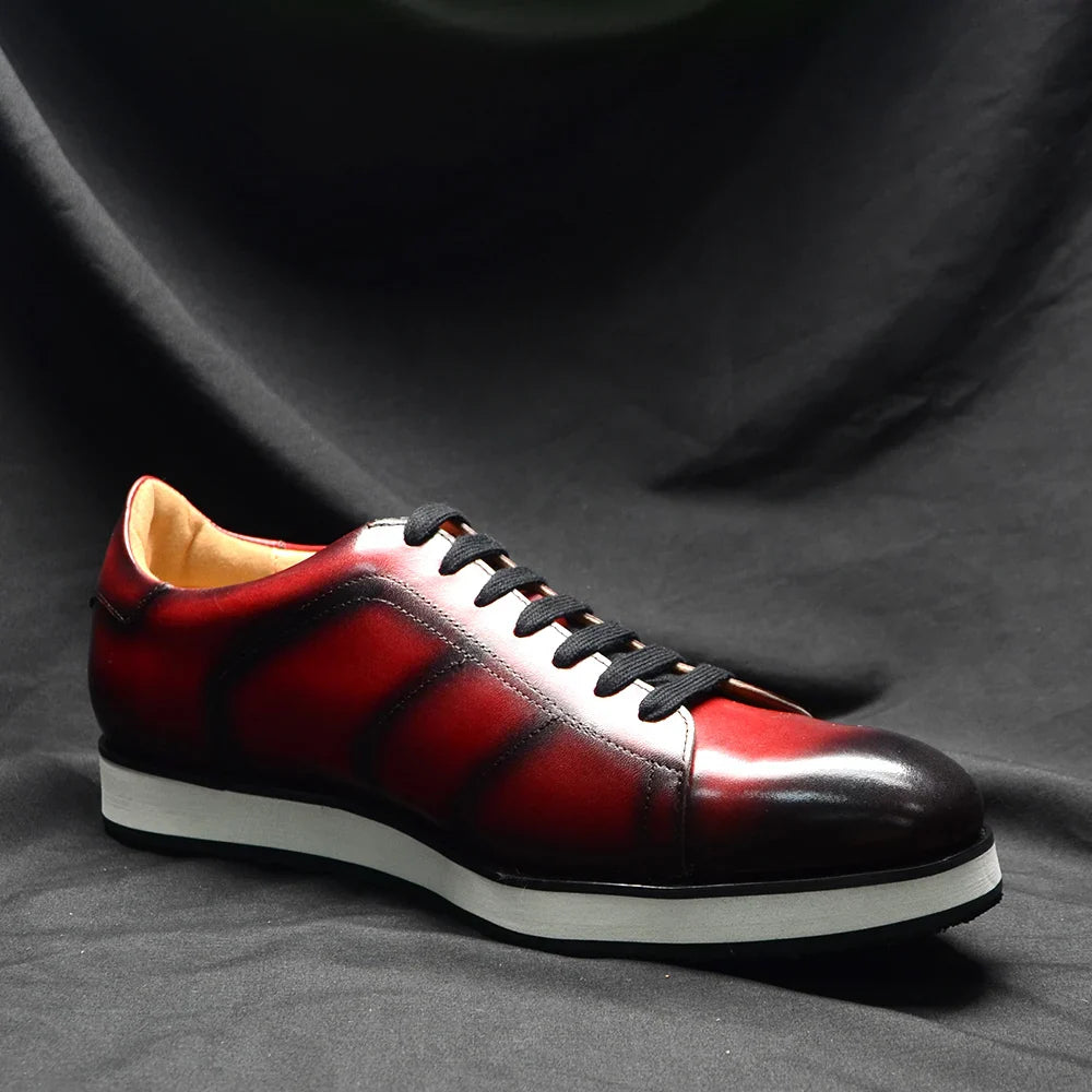 Men's Casual Dress Sneakers | Genuine Leather Hand-Painted Derby Skateboard Shoes (Black, Red)