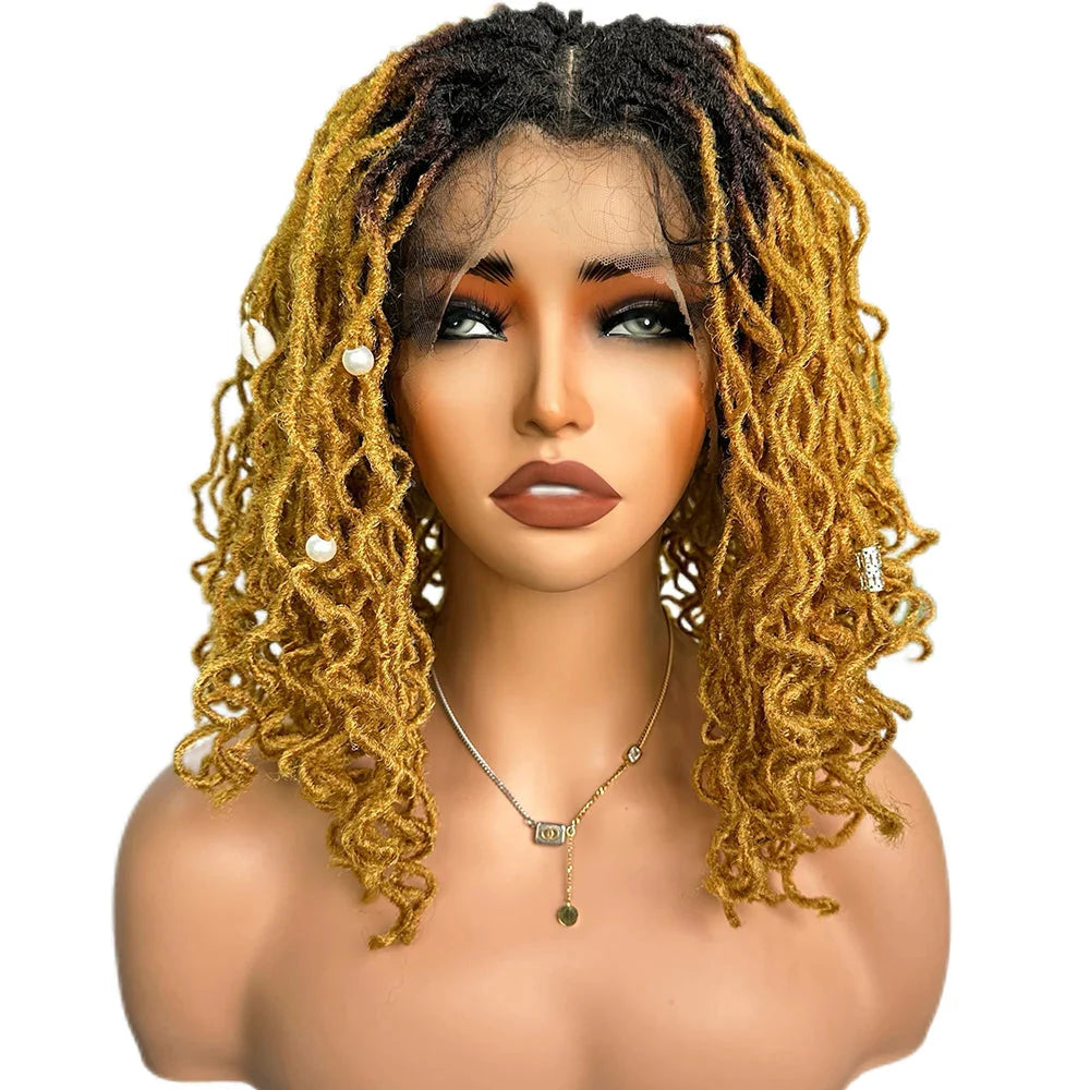 14" Copper Red Faux Locs Lace Front Wig | Short Twist Dreadlocks | Synthetic Braided Wig