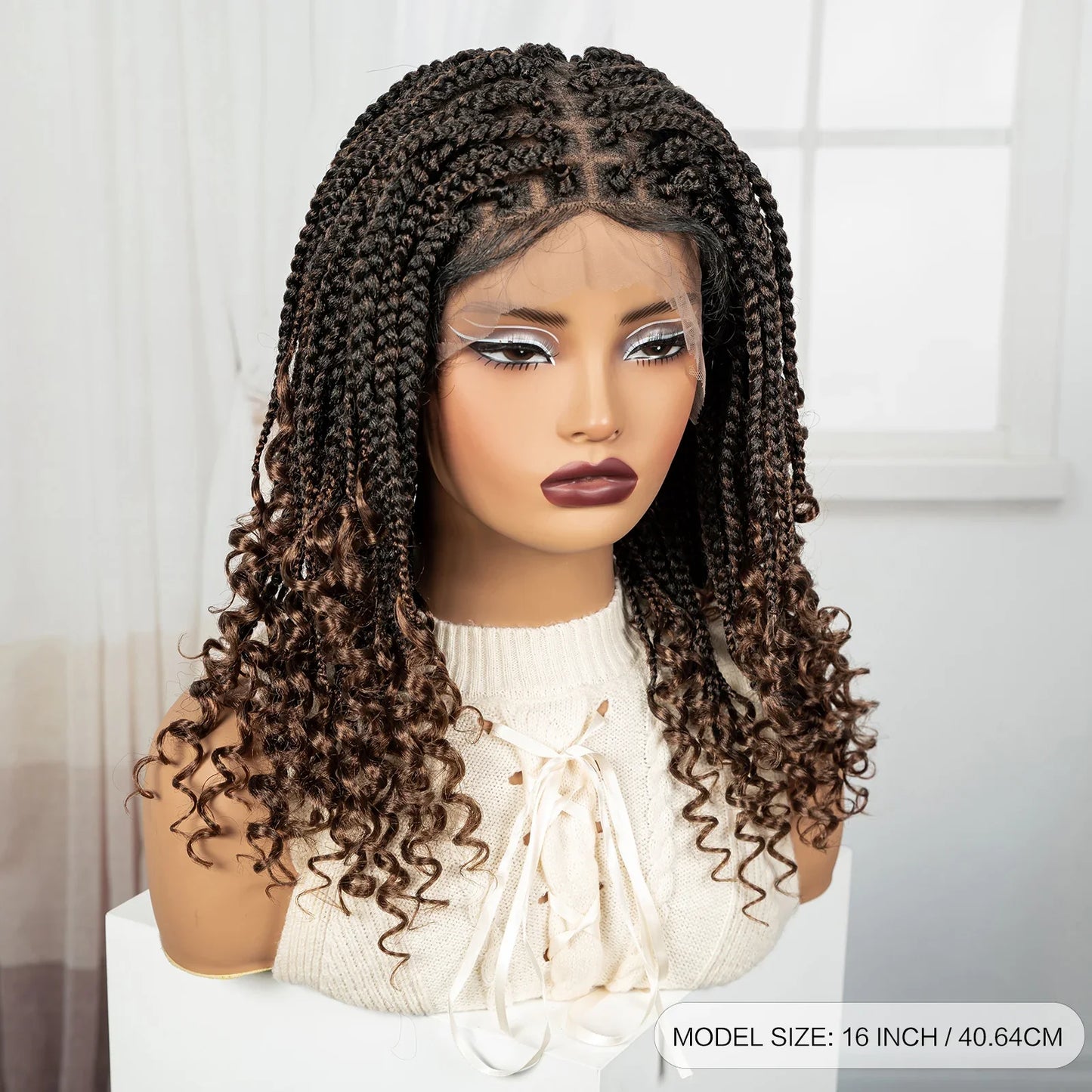 Short Ombre Boho Knotless Braids Bob Wig with Curly Ends | Full Lace