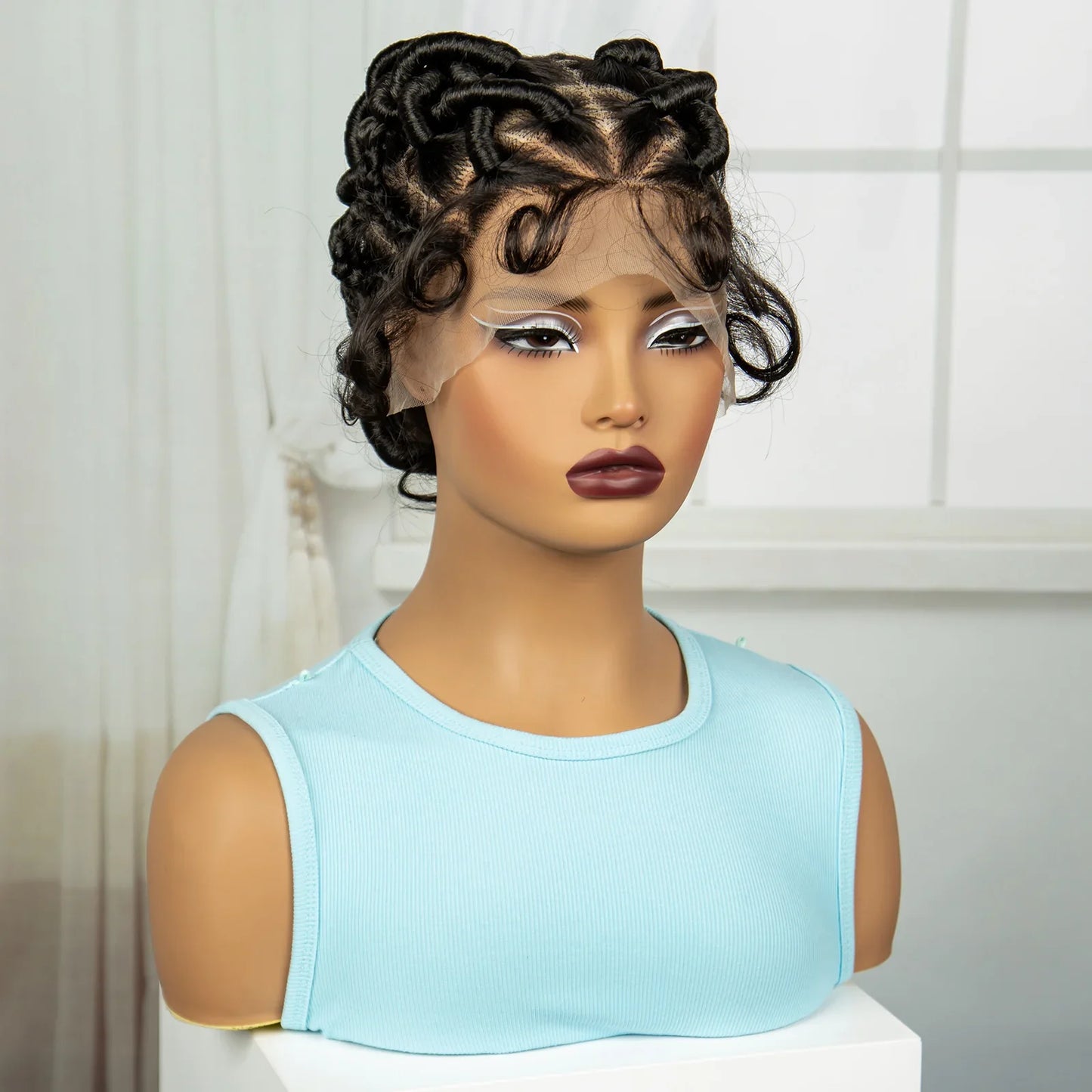 Burgundy Full Lace Synthetic Braided Wig | Knotless Box Braids & Bantu Knots | Lace Front Wig with Baby Hair for Black Women