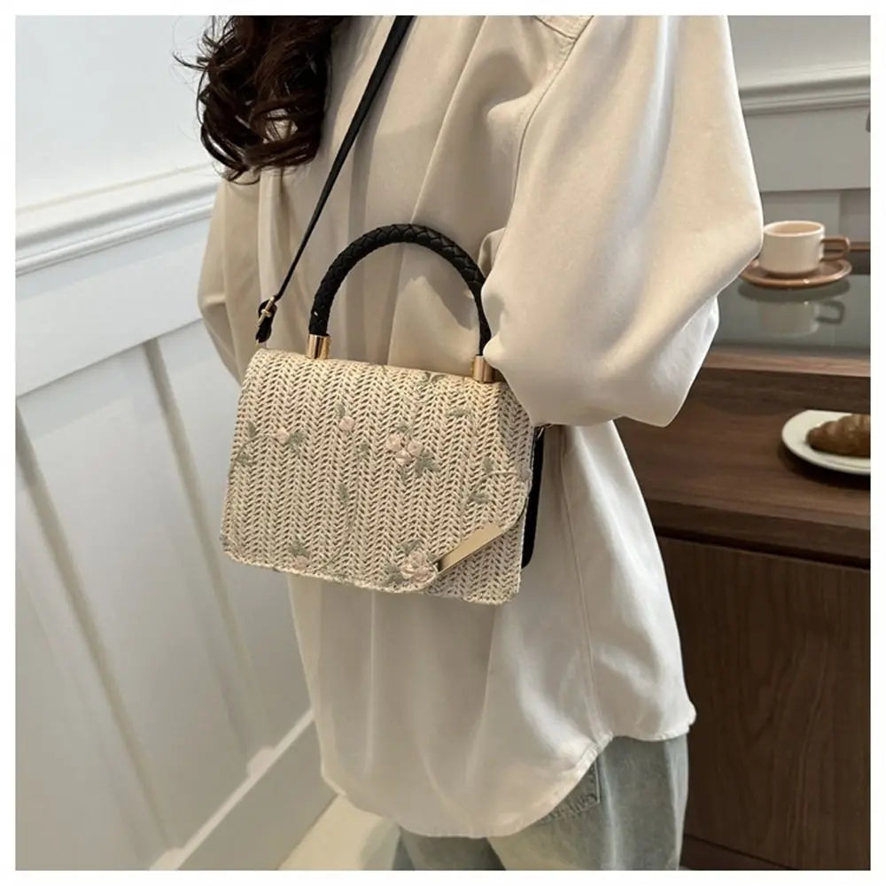 Women's Summer Bohemian Straw Bag | Woven Beach Crossbody & Rattan Braid Grass Vacation Bag (Girls Shoulder Messenger Handbag)