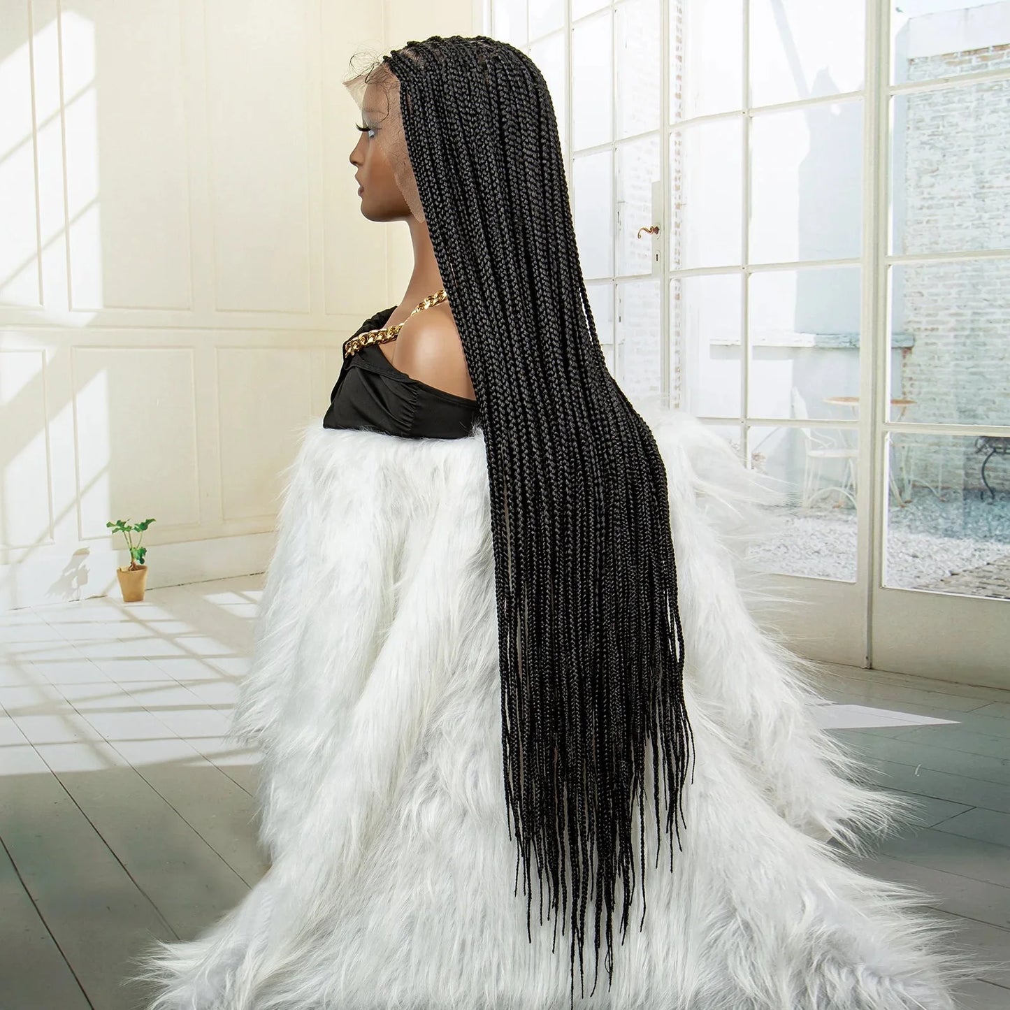 36" 613 Full Lace Knotless Box Braided Wig | Transparent HD Lace | Baby Hair | Synthetic Wig for Black Women