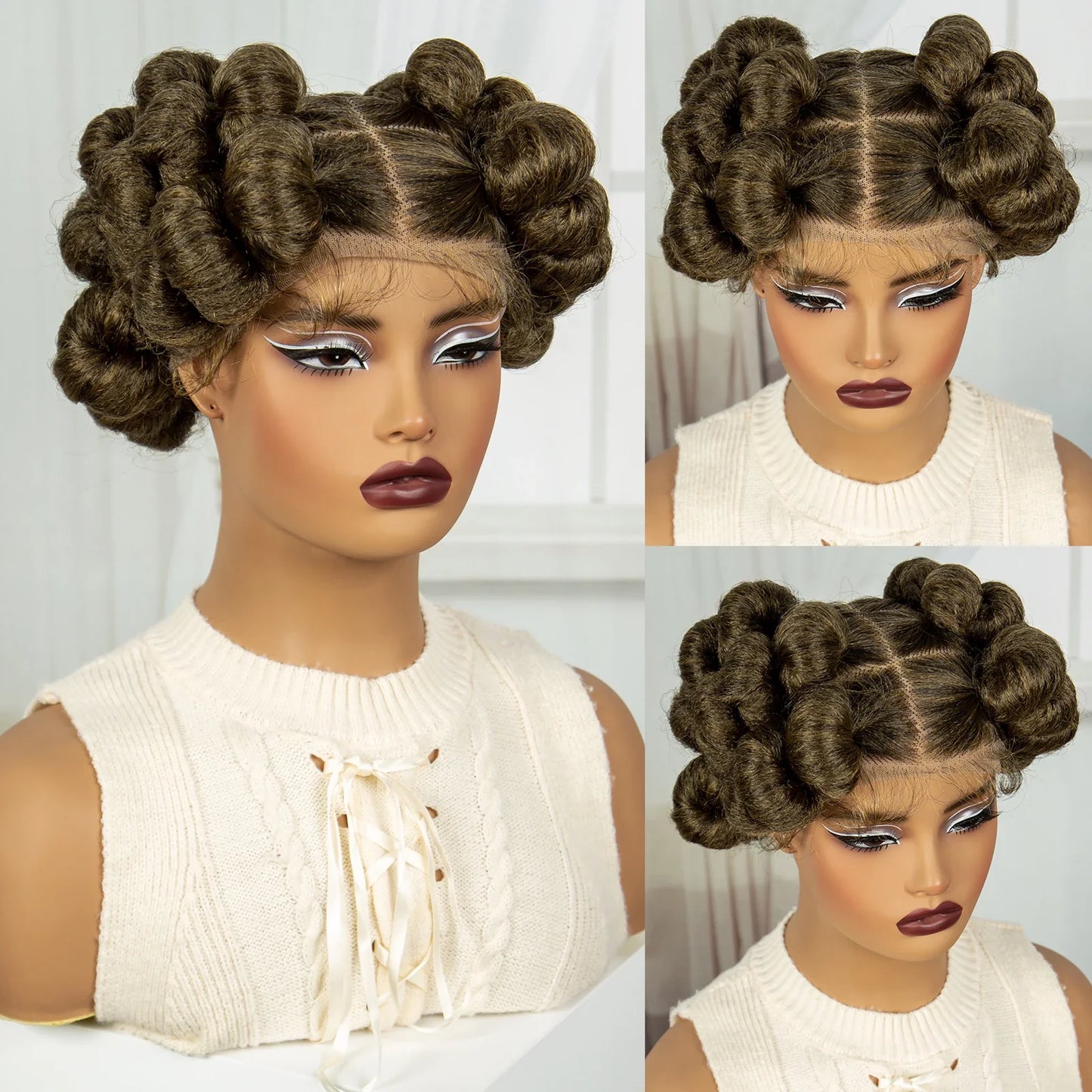 6" Short Cute Burgundy Bantu Knotless Braids Wig | Transparent Full Lace