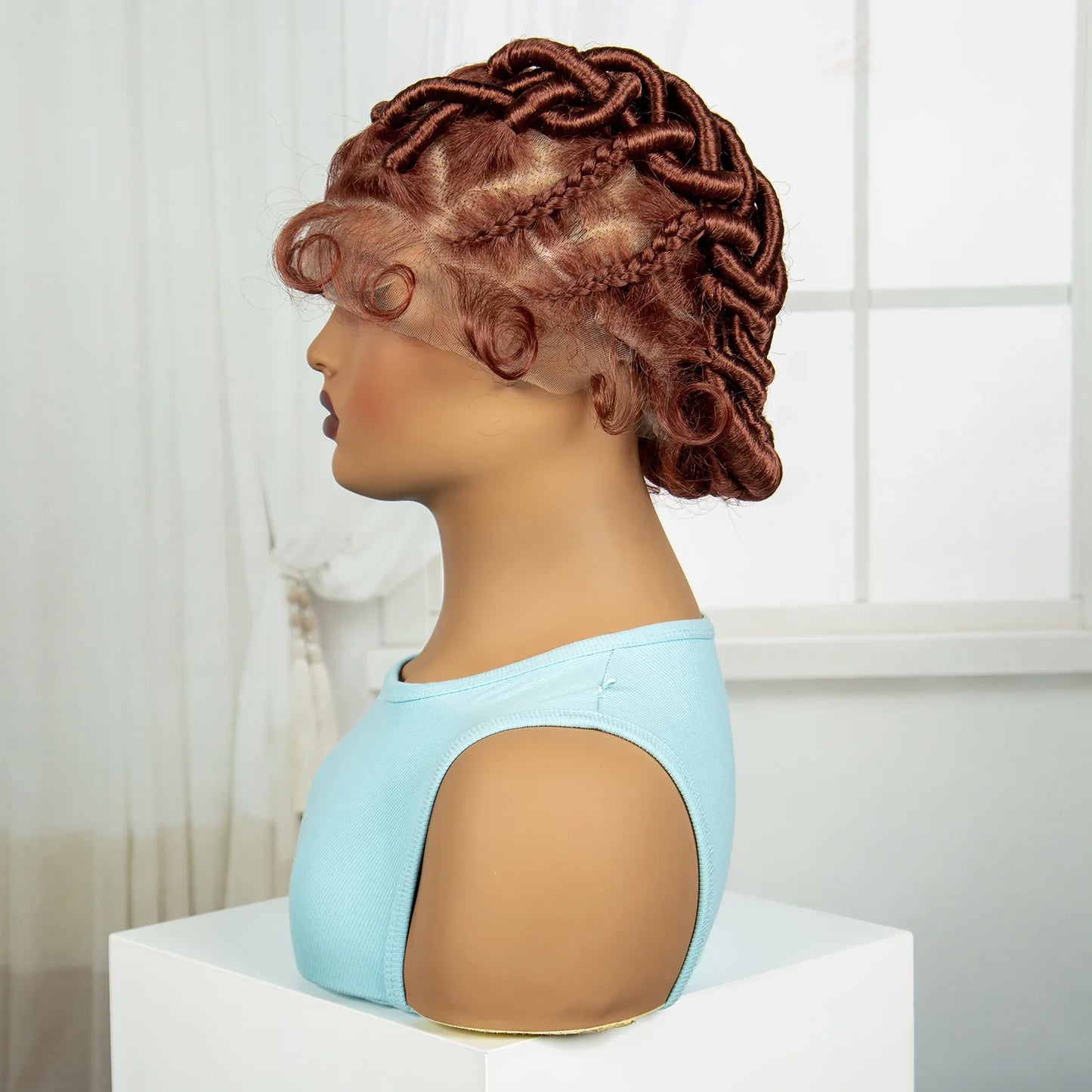 Burgundy Full Lace Synthetic Braided Wig | Knotless Box Braids & Bantu Knots | Lace Front Wig with Baby Hair for Black Women