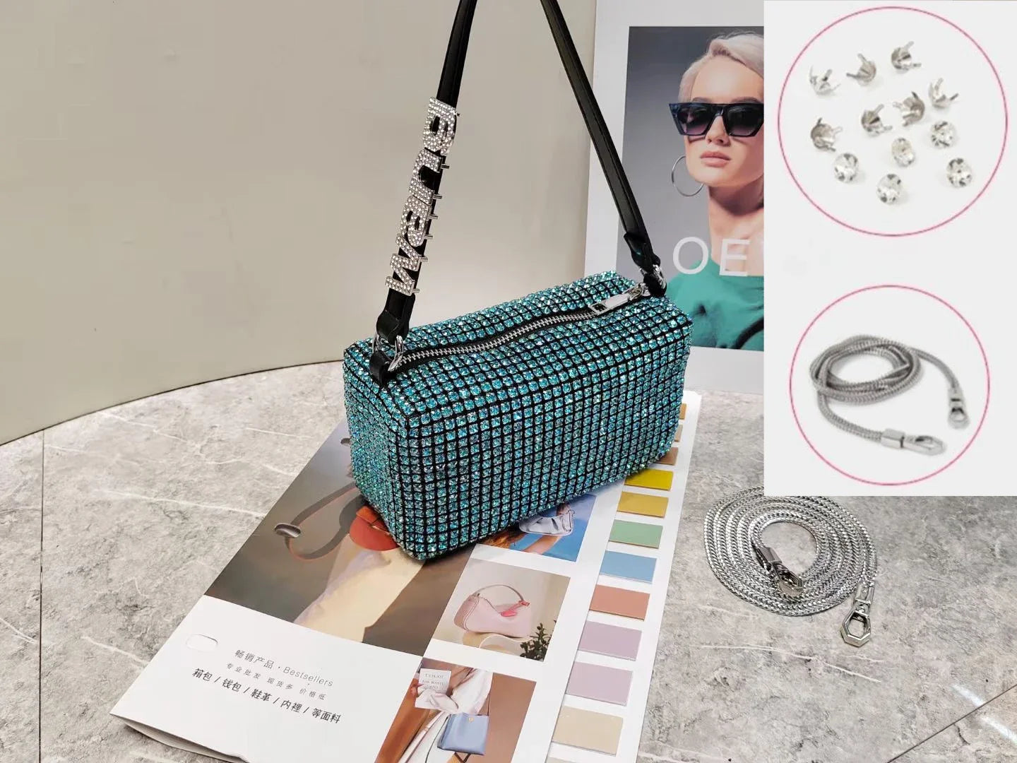 Super A Rhinestone Light Luxury Bag | Women's Summer High-End Texture Messenger & Portable Dinner Bag (Shiny Full Diamond Crossbody)