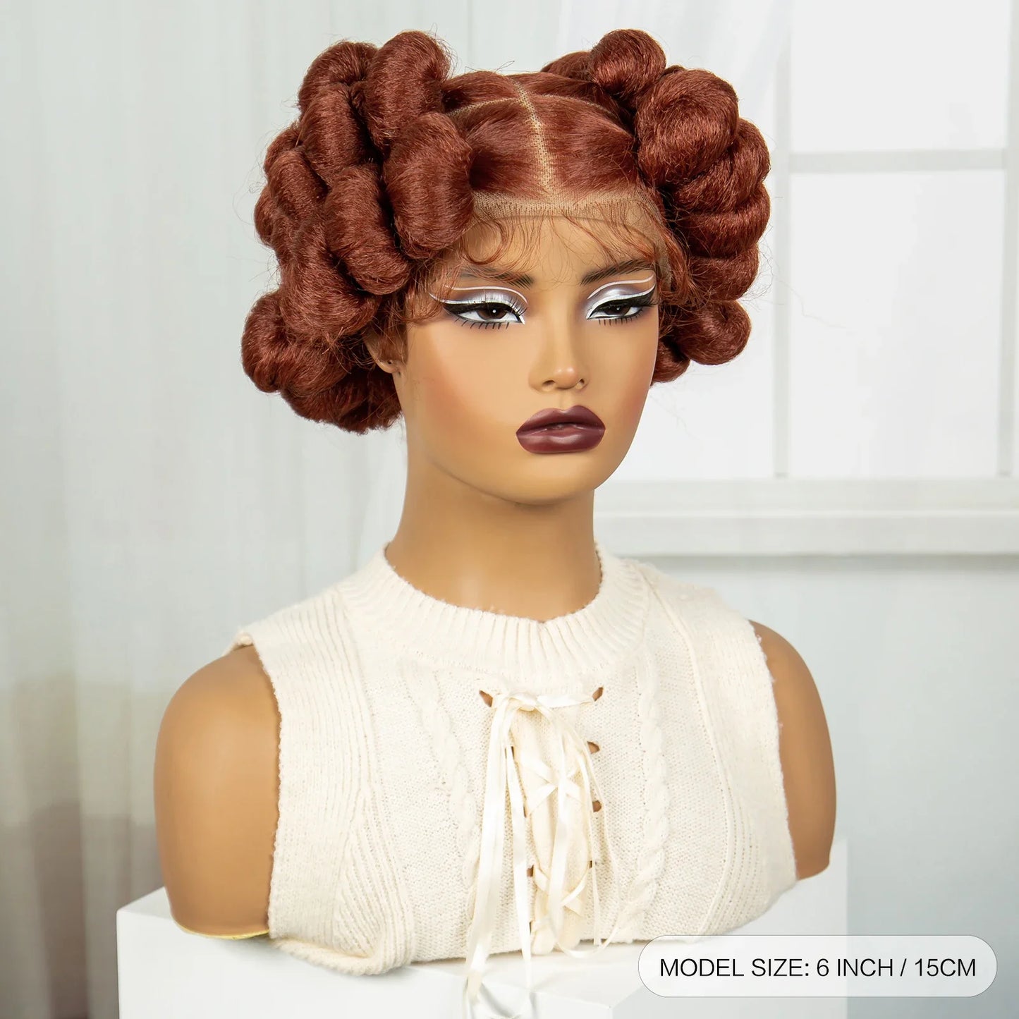 6" Short Cute Burgundy Bantu Knotless Braids Wig | Transparent Full Lace