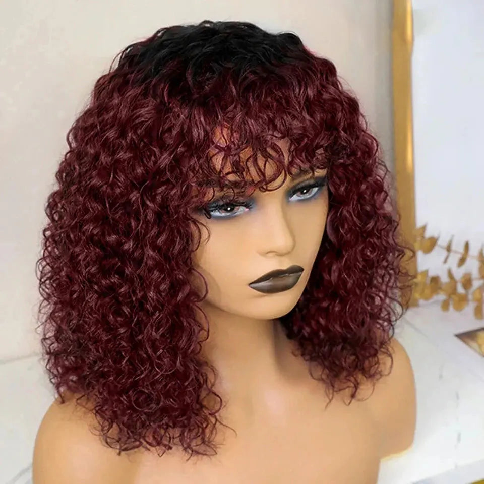Rebecca 180% Density Highlight Kinky Curly Bob Wig with Bangs | Short Human Hair Full Machine Made