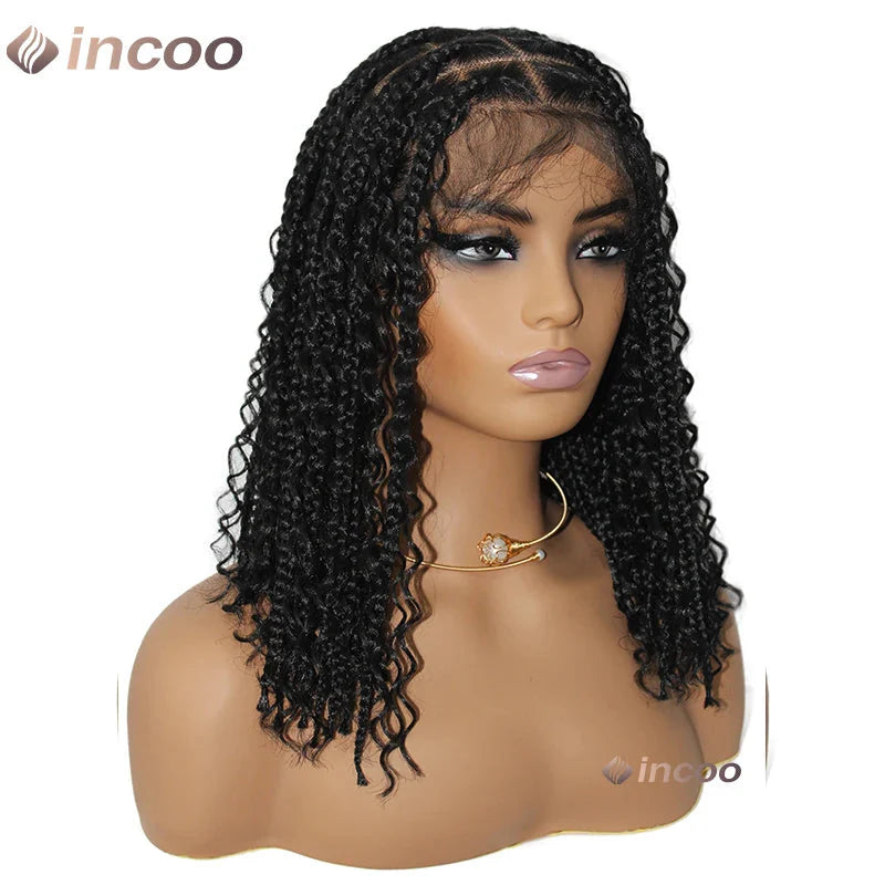 12" Boho Bob Braided Wig | Goddess Knotless Braids | 360 Full Lace | Curly Ends | Baby Hair