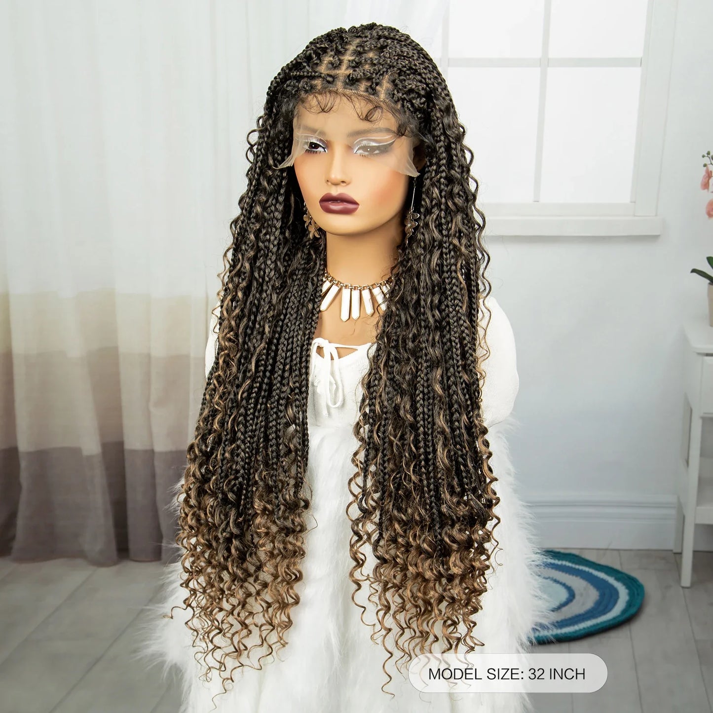 Burgundy Boho Knotless Braids Wig | Curly Ends | Lace Front | Baby Hair