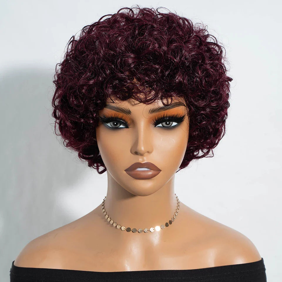 Sleek Short Pixie Afro Kinky Curly Wig with Bangs | Glueless Peruvian Human Hair Bob