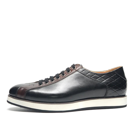 Europe 2024 Fall Luxury Men's Genuine Leather Plaid Casual Shoes | Black & Dark Brown Business Sneakers (Height Increasing)