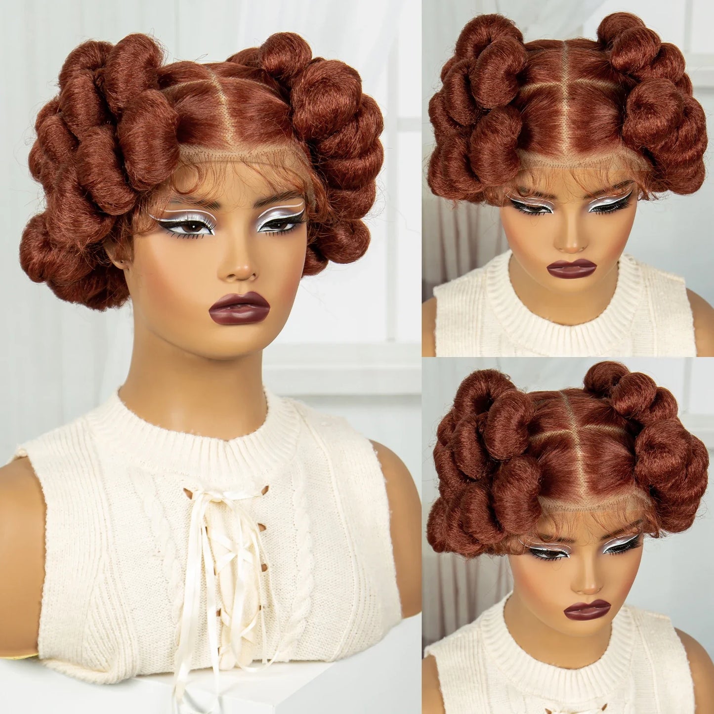 6" Short Cute Burgundy Bantu Knotless Braids Wig | Transparent Full Lace